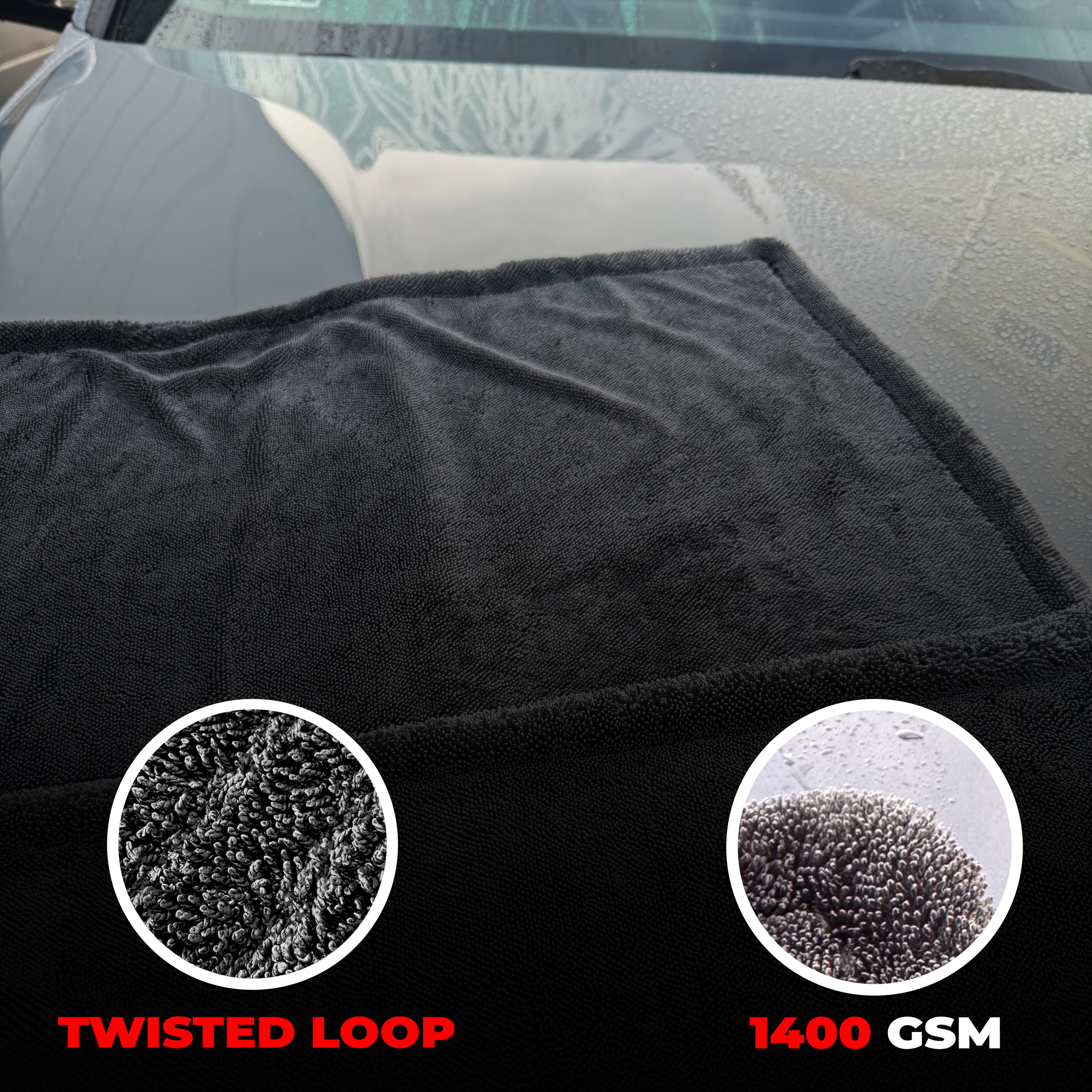 BlackFiber 1200 GSM professional car drying towel, 36 by 24 inches, edgeless twisted-loop microfiber