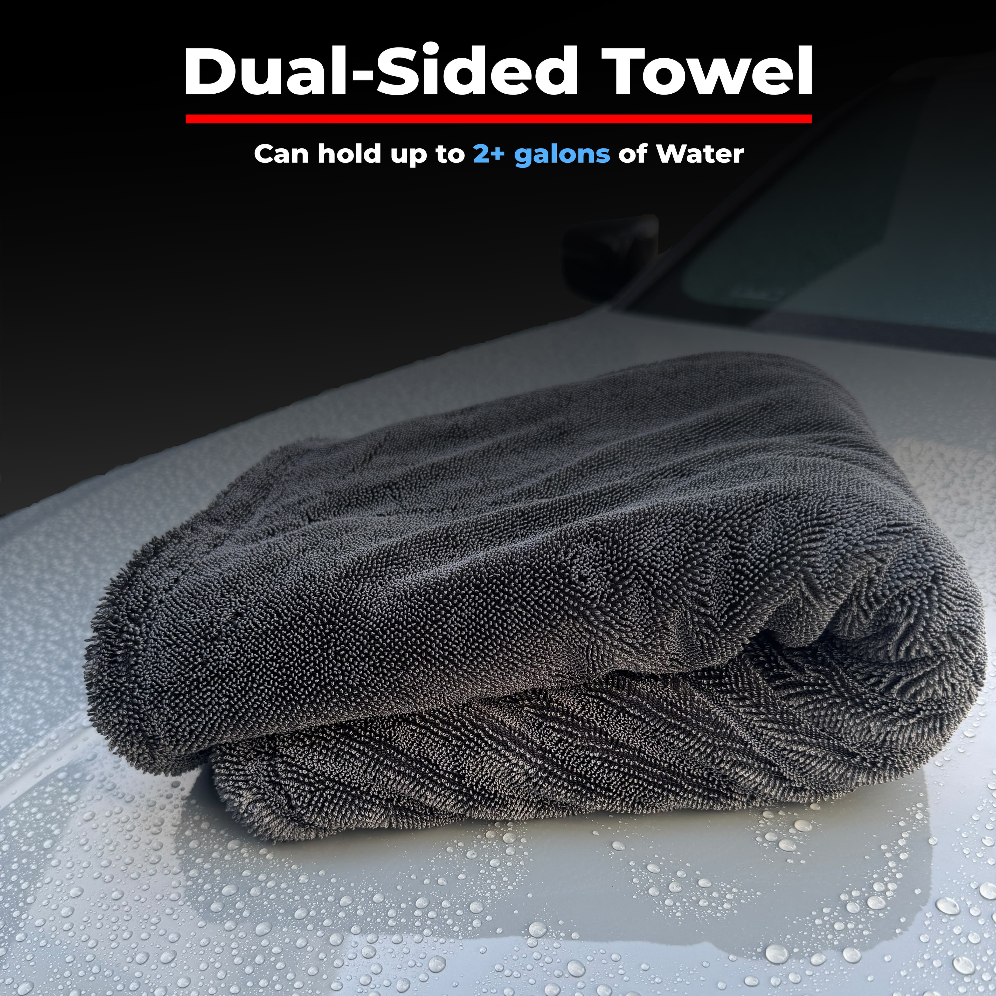 BlackFiber towel folded on a car hood, dual-sided construction